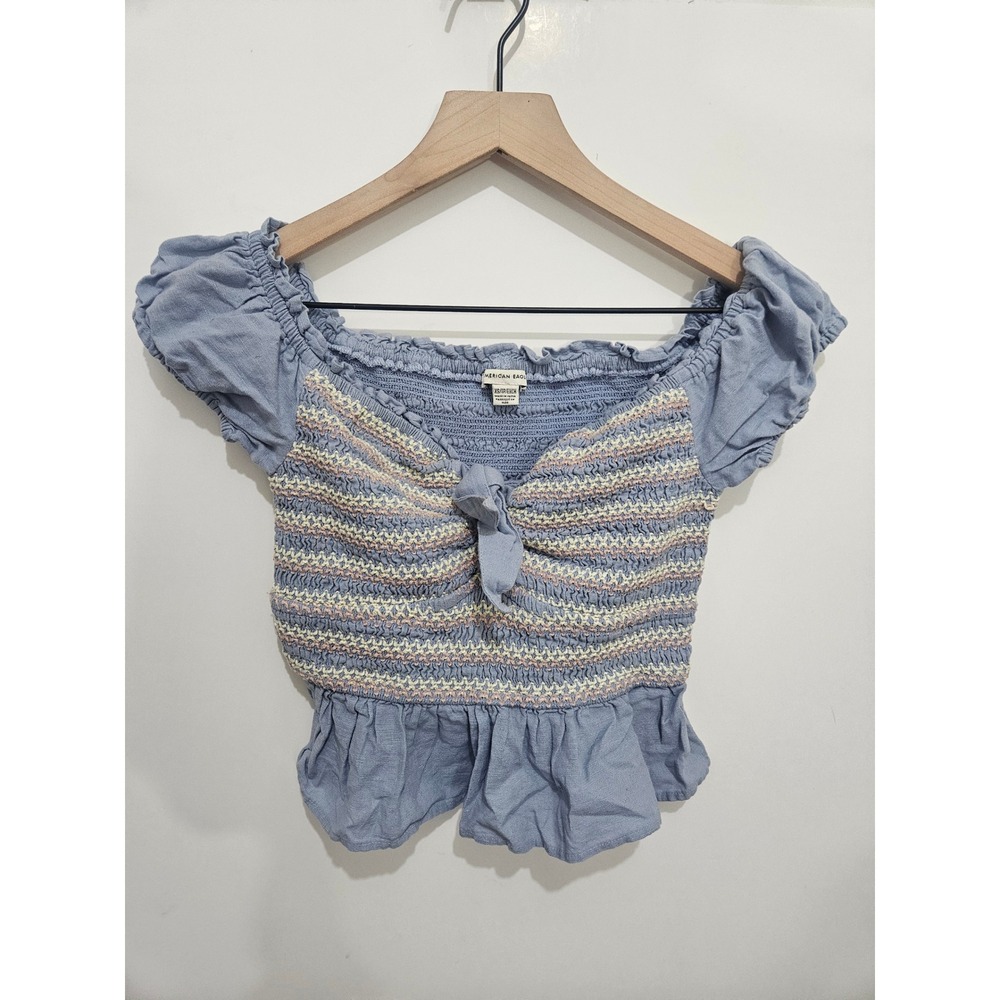 American Eagle Blue Smocked Crop Top Embroidered Off Shoulder Peplum XS‎